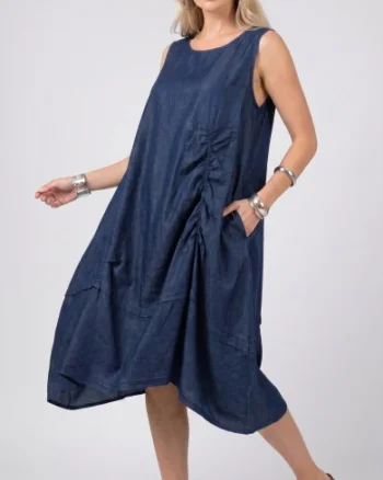 Rochie midi din jeans inchis cu fronseuri decorative