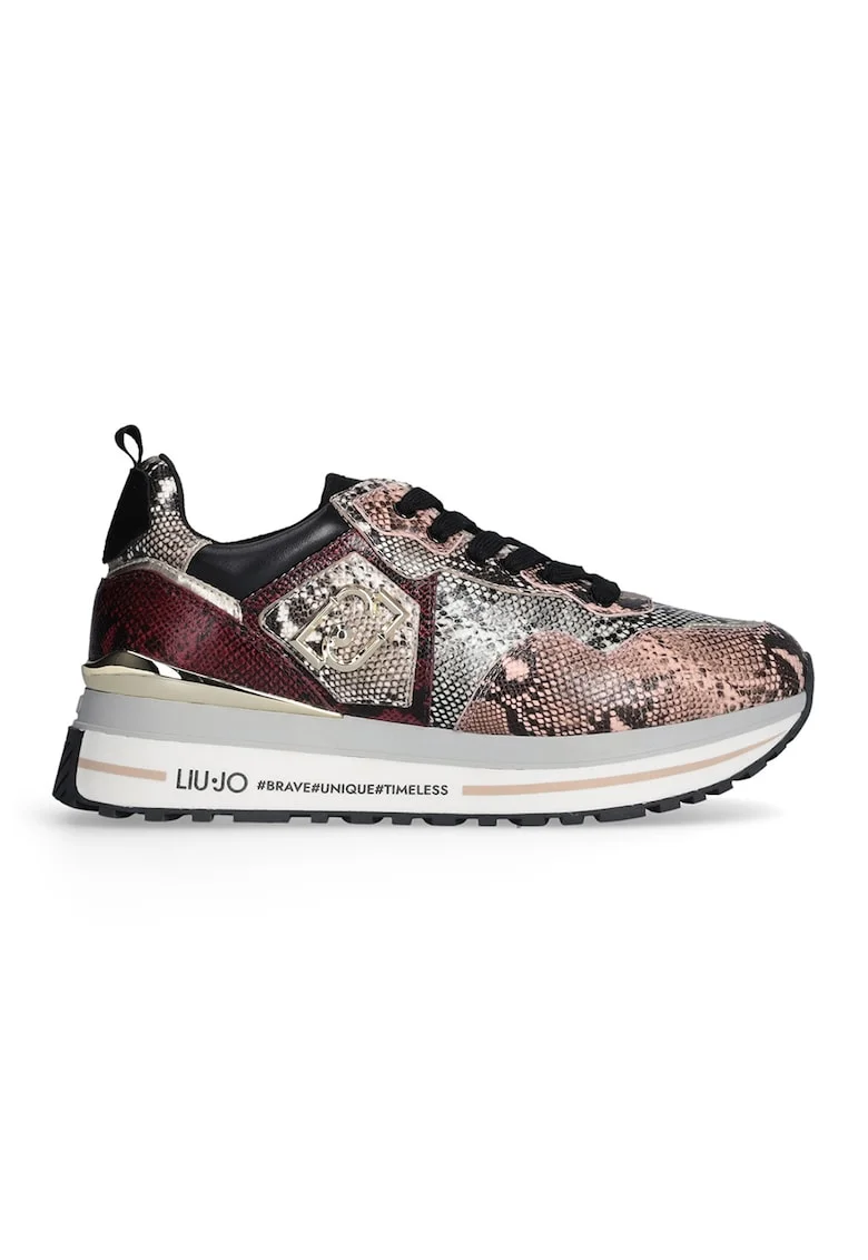 Pantofi sport de piele ecologica cu model piele de sarpe, Visiniu/Gri/Piersica