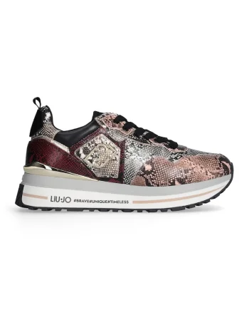 Pantofi sport de piele ecologica cu model piele de sarpe, Visiniu/Gri/Piersica