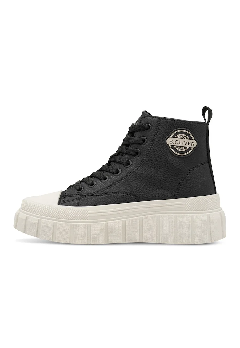 Tenisi mid-high de piele ecologica cu logo, Negru