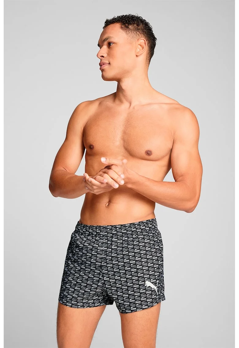 Pantaloni scurti de baie cu imprimeu monograma, Alb/Negru