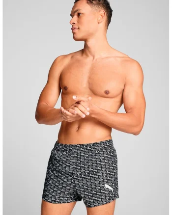 Pantaloni scurti de baie cu imprimeu monograma, Alb/Negru