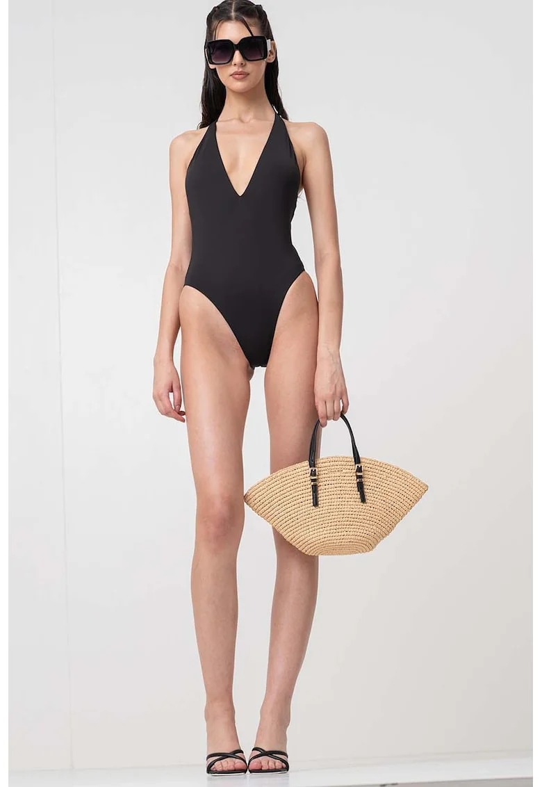 Costum de baie intreg cu decolteu adanc, Negru