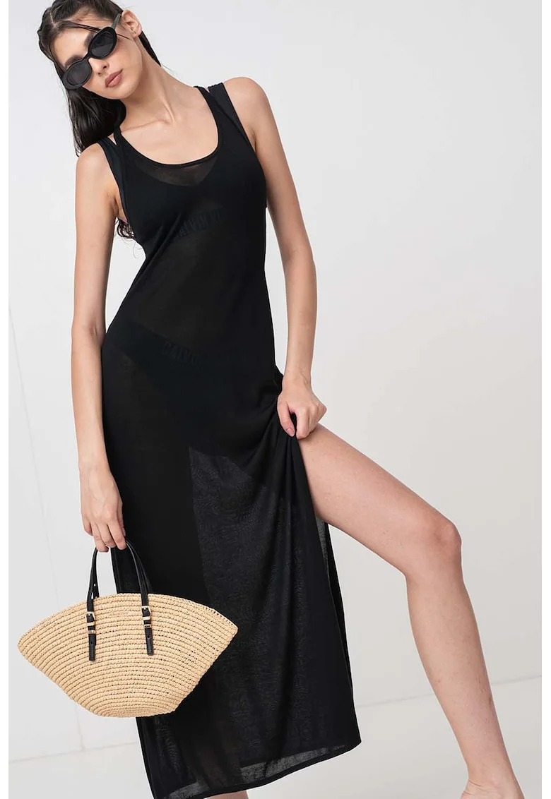 Rochie de plaja lunga, din material transparent, Negru
