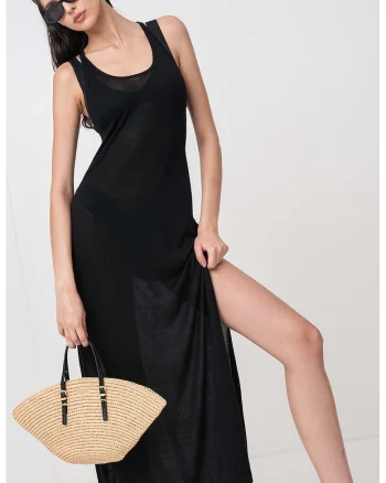 Rochie de plaja lunga, din material transparent, Negru