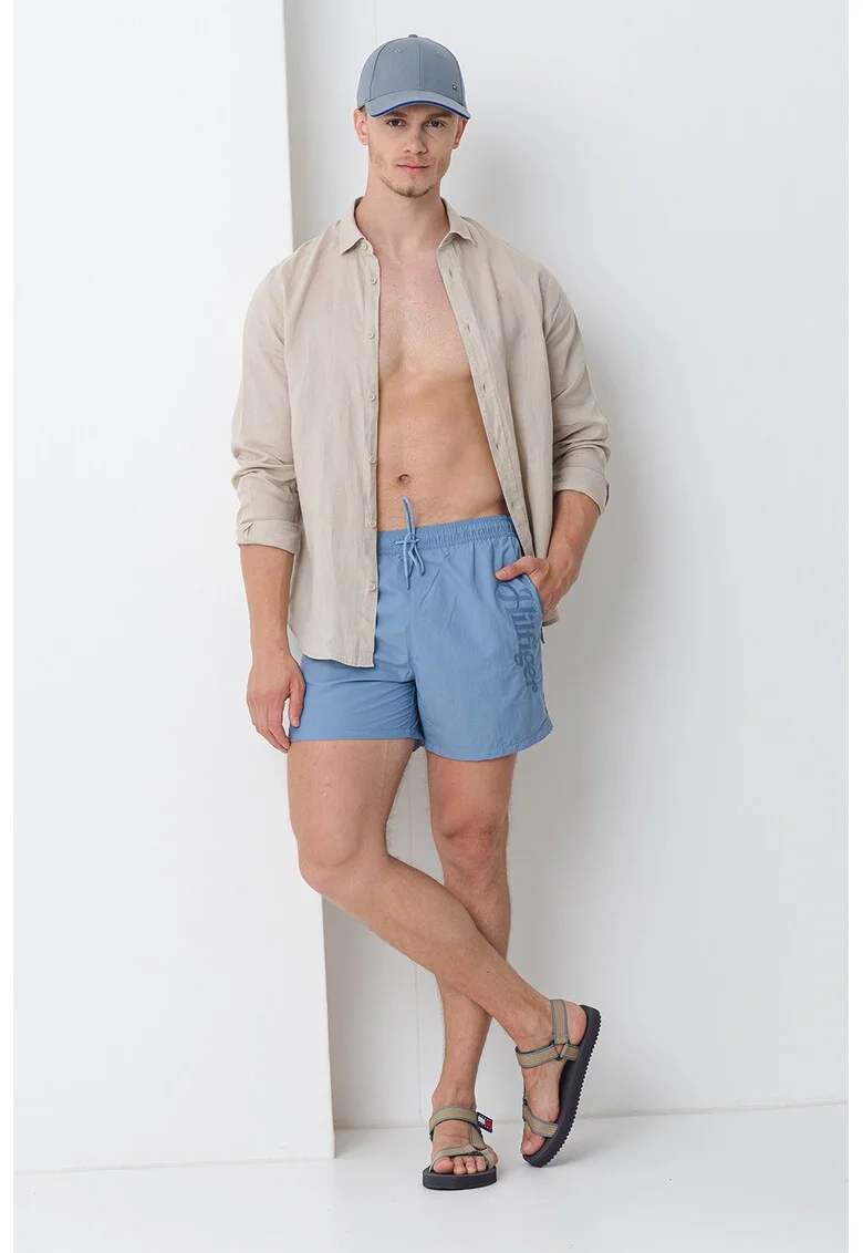Pantaloni scurti de baie cu snur si buzunare laterale, Albastru prafuit