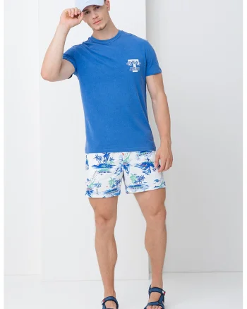 Pantaloni scurti de baie cu model si buzunare laterale, Alb optic/Verde aquamarin/Albastru deschis