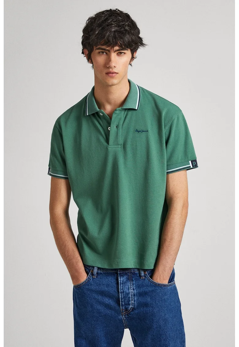 Tricou polo de bumbac cu aspect pique, Verde feriga