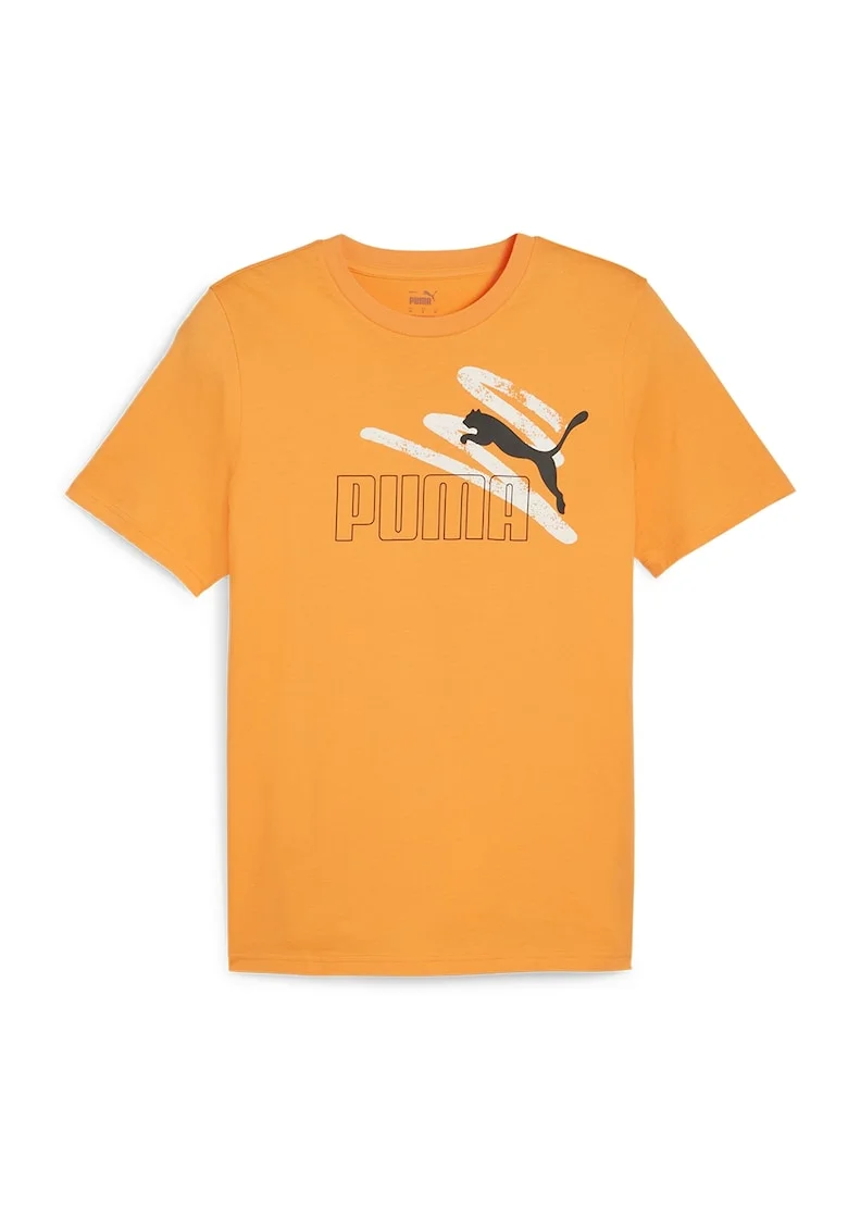 Tricou cu decolteu la baza gatului si imprimeu logo ESS+, Alb/Negru/Portocaliu