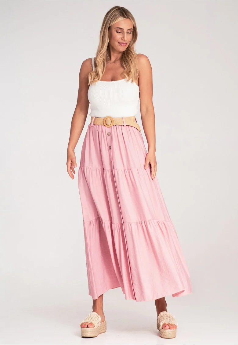 Fusta maxi  roz, bumbac, cu volane si curea impletita,
