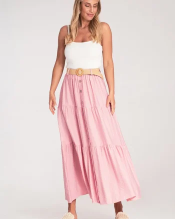 Fusta maxi  roz, bumbac, cu volane si curea impletita,
