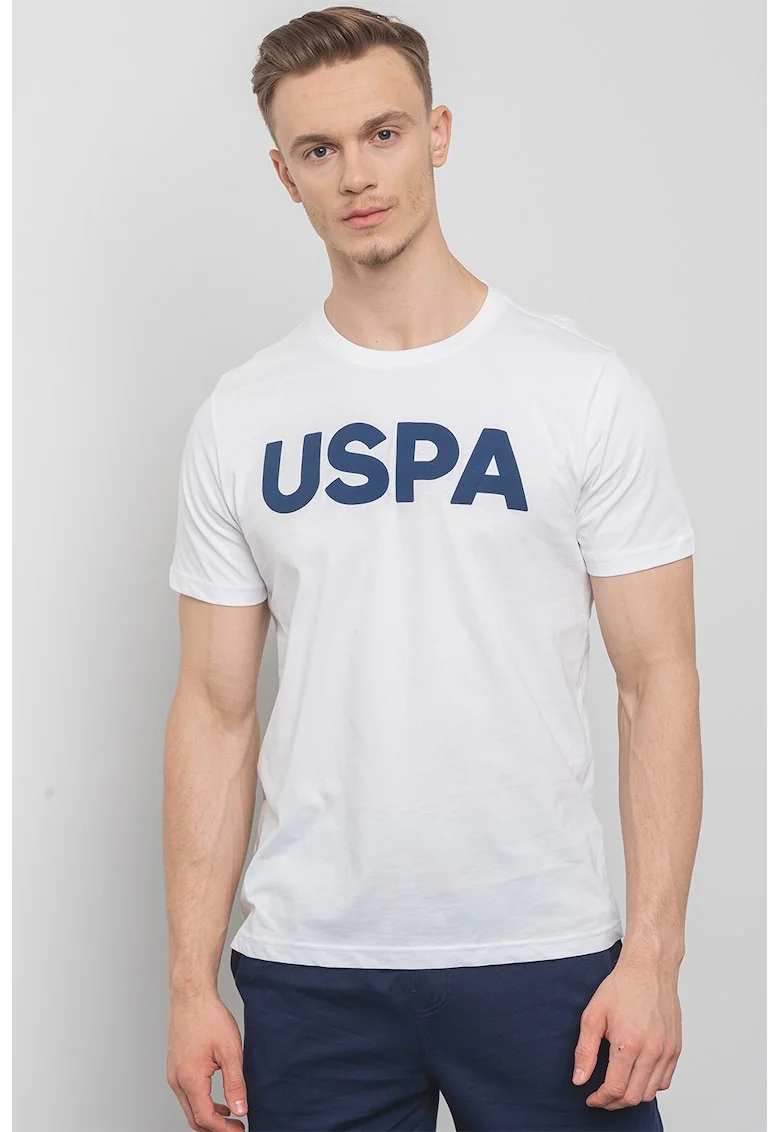U.S. Polo Assn, Tricou cu imprimeu logo, Alb/Bleumarin