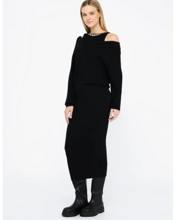Rochie midi cu decupaje pe umeri, Negru