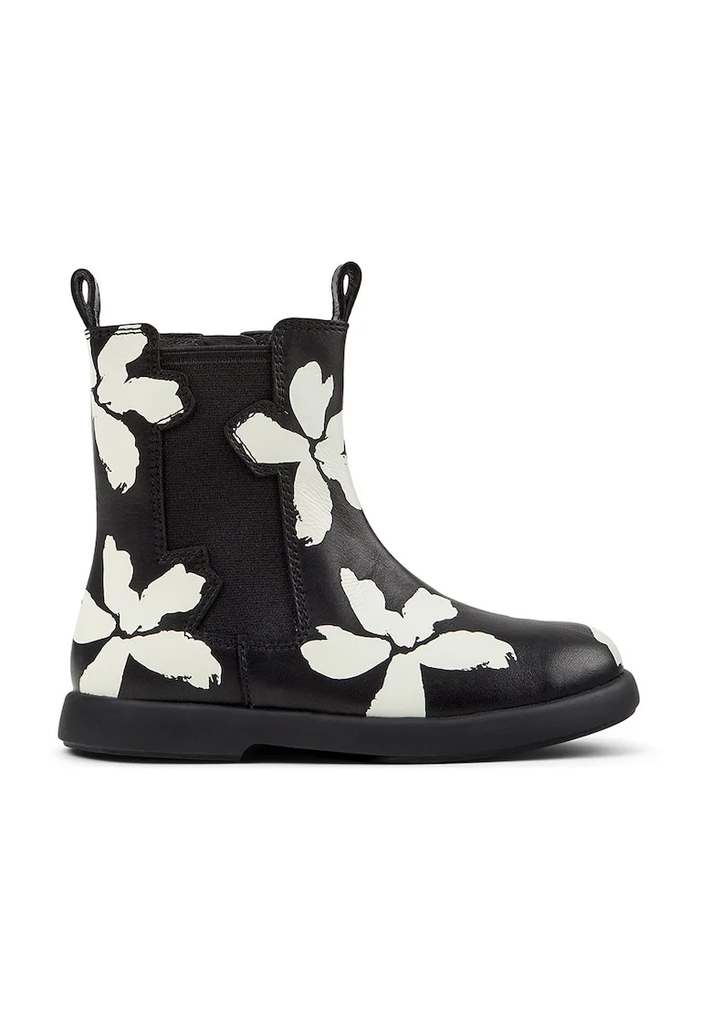 Ghete din piele cu imprimeu floral, Alb/Negru
