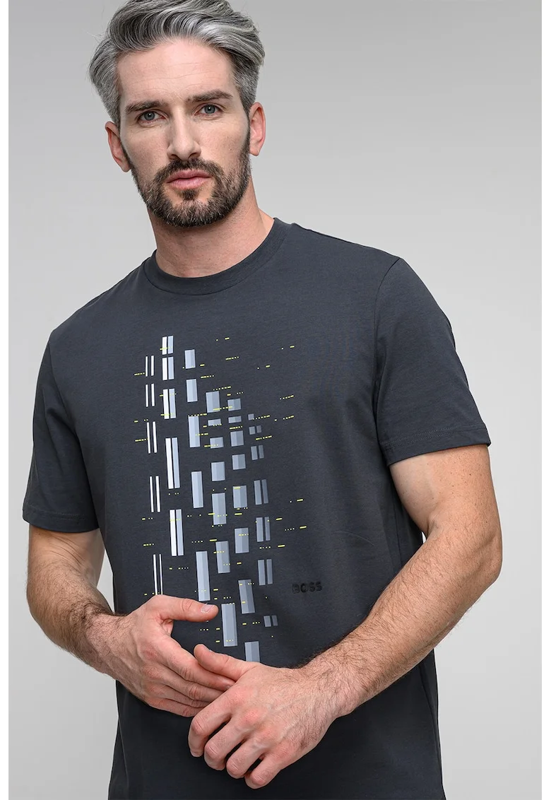Tricou cu imprimeu geometric, Gri inchis