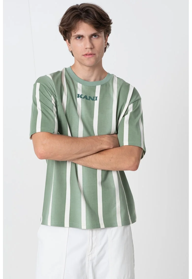 Tricou in dungi cu logo, Bej/Verde feriga