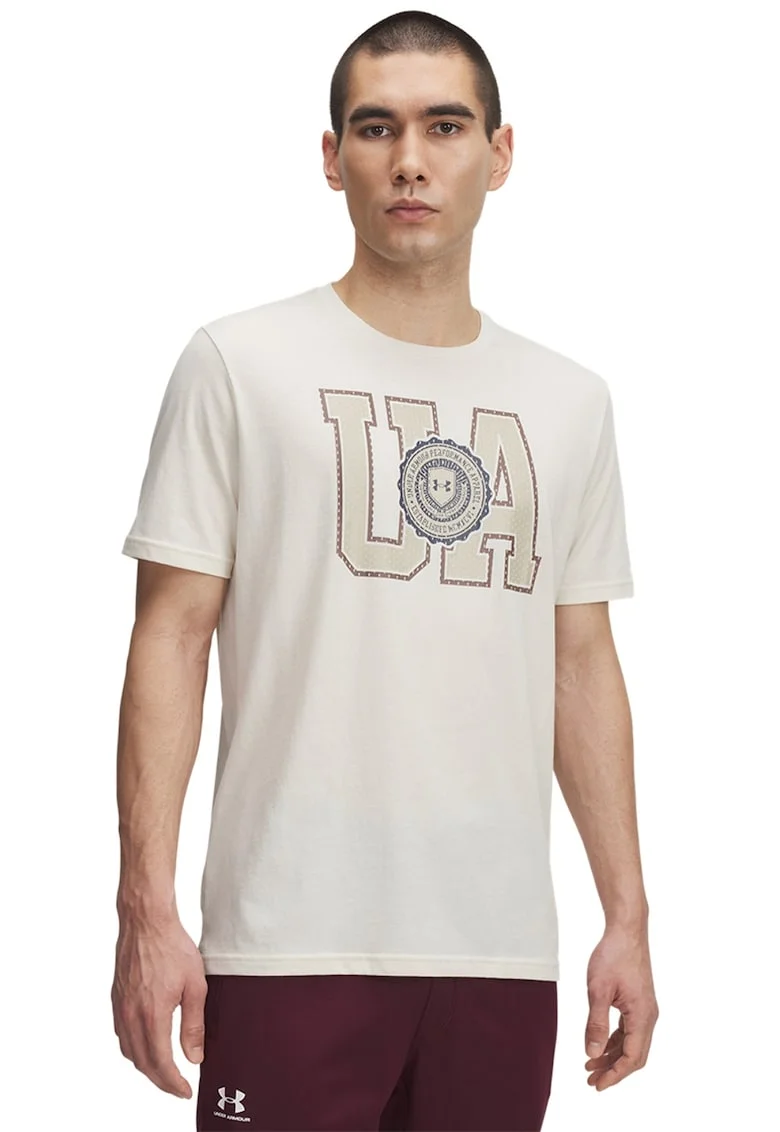 Tricou din amestec de bumbac cu imprimeu logo College, Alb fildes/Bej