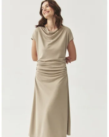 Rochie din amestec de modal cu fronseuri, Bej deschis
