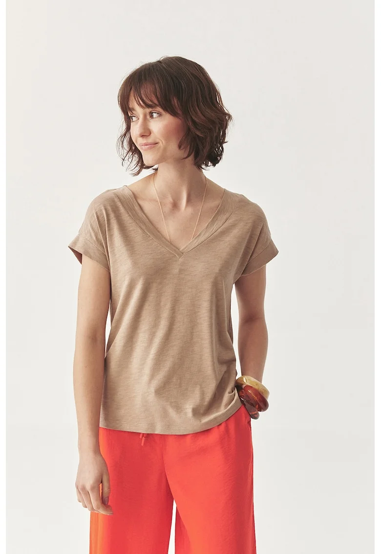 Tricou cu decolteu in V, Bej inchis