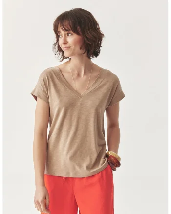 Tricou cu decolteu in V, Bej inchis