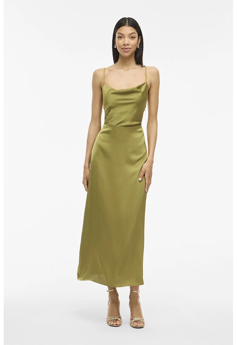 Rochie maxi cu aspect satinat, Verde masliniu
