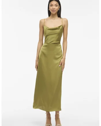Rochie maxi cu aspect satinat, Verde masliniu