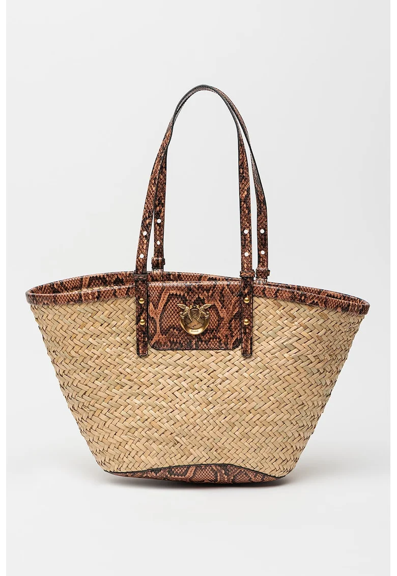 Geanta shopper cu garnituri de piele, Negru/Maro/Bej
