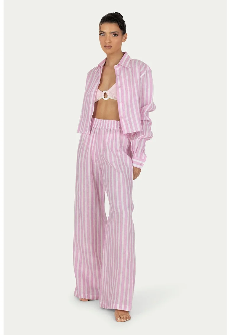 Pantaloni de in cu croiala ampla, dungi si talie inalta Cora, Alb optic/Roz