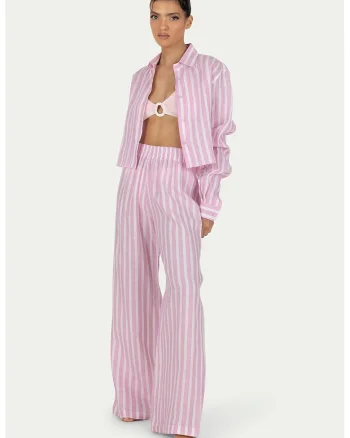 Pantaloni de in cu croiala ampla, dungi si talie inalta Cora, Alb optic/Roz