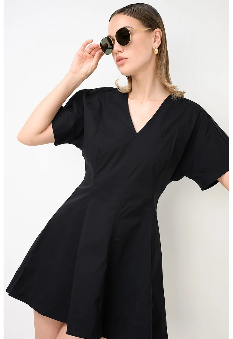 Rochie din amestec de bumbac cu decolteu in V, Negru