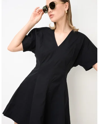 Rochie din amestec de bumbac cu decolteu in V, Negru