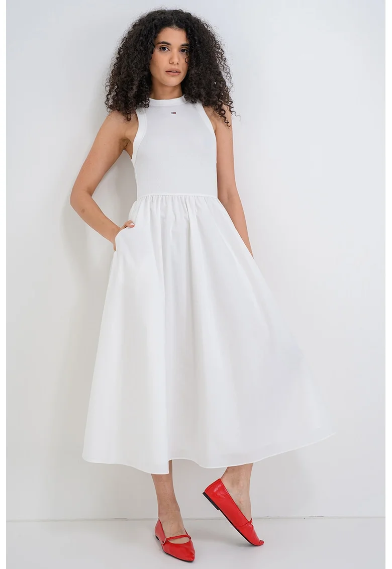 Rochie evazata din bumbac cu logo, Alb optic