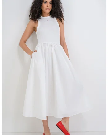 Rochie evazata din bumbac cu logo, Alb optic