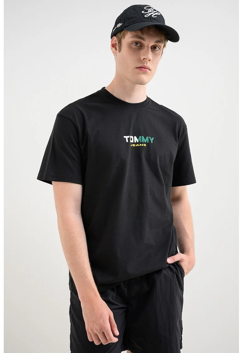 Tricou cu decolteu la baza gatului si imprimeu logo, Alb/Verde/Negru