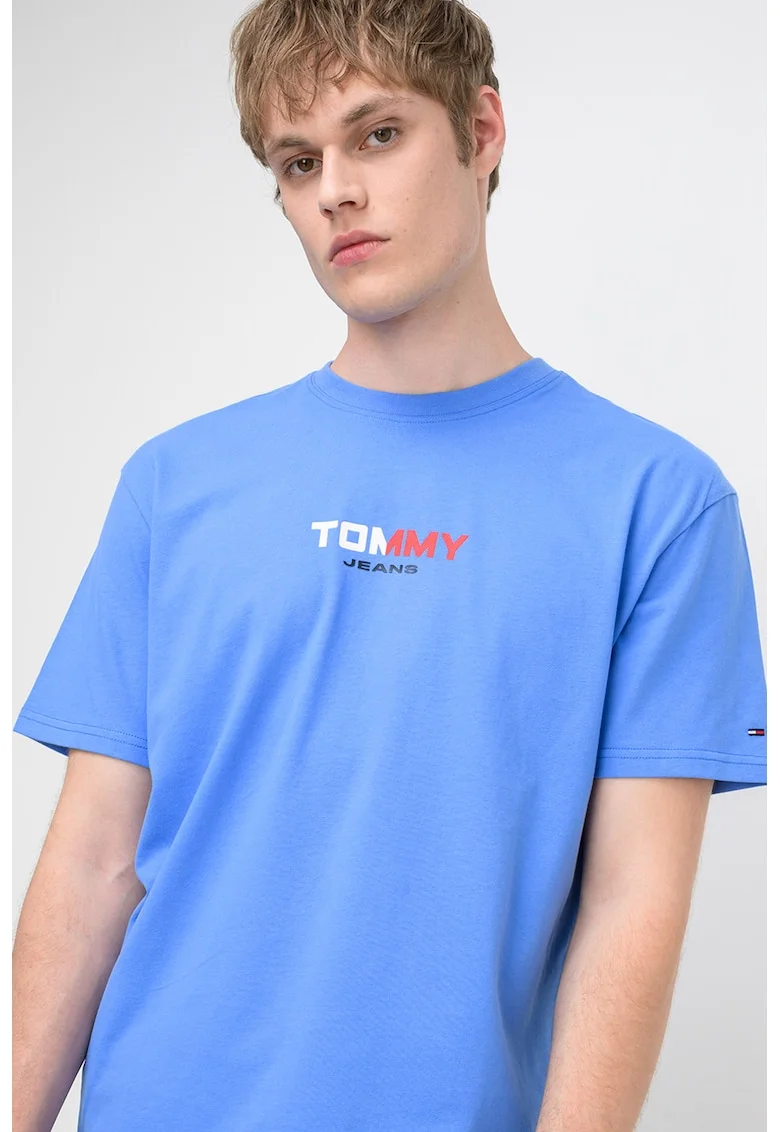 Tricou cu decolteu la baza gatului si imprimeu logo, Rosu/Alb/Albastru deschis