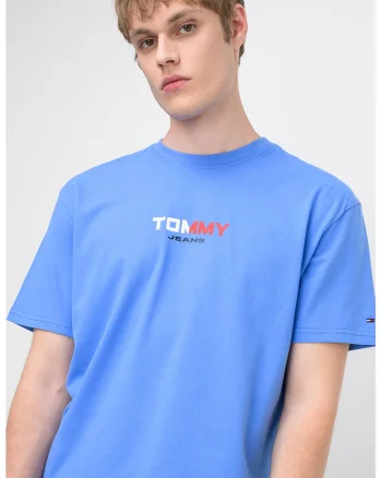 Tricou cu decolteu la baza gatului si imprimeu logo, Rosu/Alb/Albastru deschis