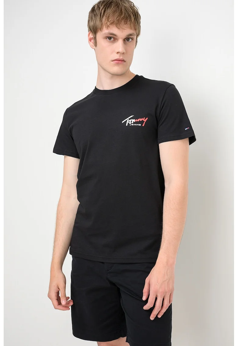 Tricou cu decolteu la baza gatului si imprimeu logo, Negru