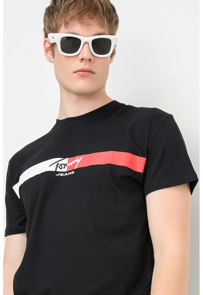 Tricou cu decolteu la baza gatului si imprimeu logo, Rosu/Alb/Negru