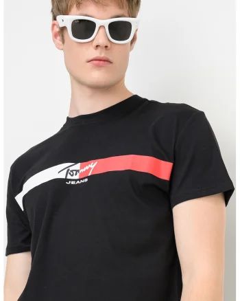 Tricou cu decolteu la baza gatului si imprimeu logo, Rosu/Alb/Negru