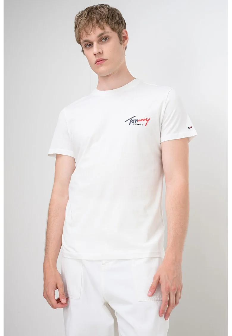 Tricou cu decolteu la baza gatului si imprimeu logo, Alb