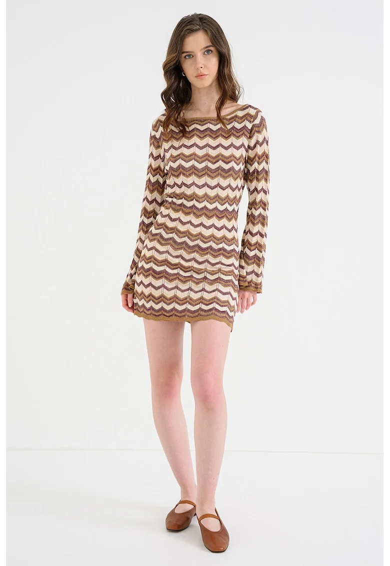 Rochie mini cu model si decolteu barcuta, Multicolor