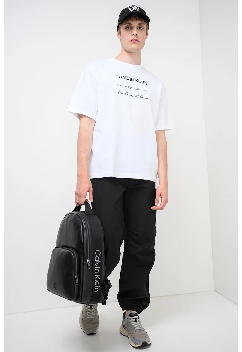 Tricou cu decolteu la baza gatului si imprimeu logo, Alb/Negru