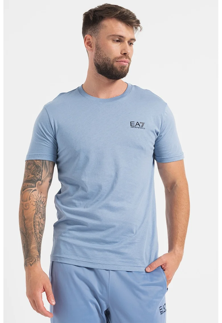 Tricou din bumbac cu decolteu la baza gatului, Albastru lavanda