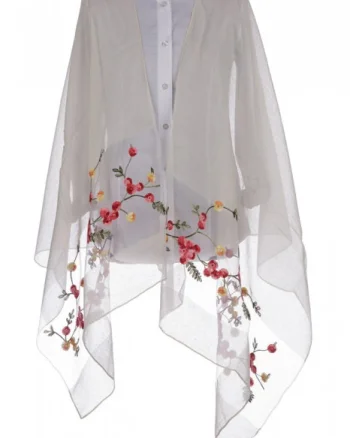 Esarfa din matase alb unt, cu broderie flori pe fond transparent de organza