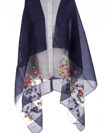 Esarfa din matase bleumarin, cu broderie flori pe fond transparent de organza