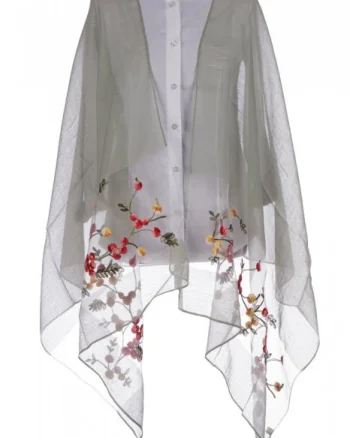 Esarfa din matase verde menta, cu broderie flori pe fond transparent de organza