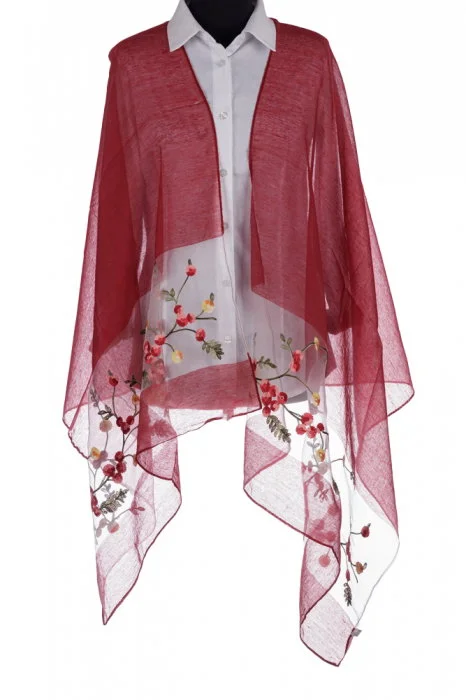 Esarfa din matase bordo, cu broderie flori pe fond transparent de organza