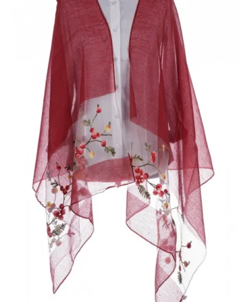 Esarfa din matase bordo, cu broderie flori pe fond transparent de organza