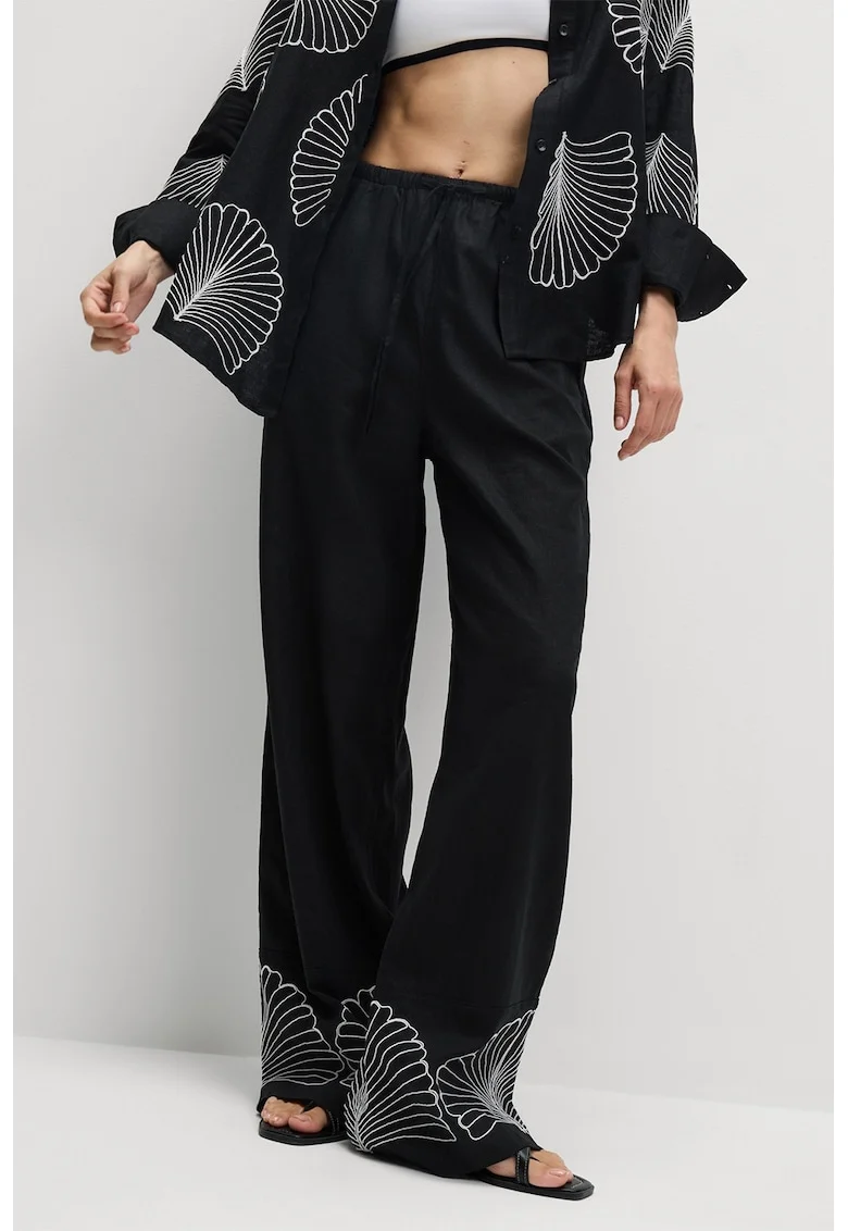 Pantaloni din amestec de in cu croiala ampla si talie ajustabila, Negru
