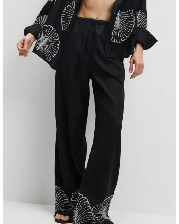 Pantaloni din amestec de in cu croiala ampla si talie ajustabila, Negru